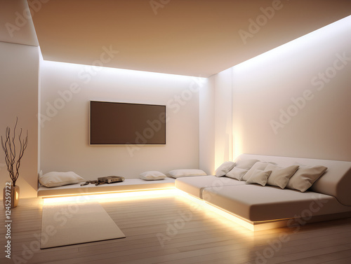Serene Minimalist Living Room with Warm Ambient Lighting