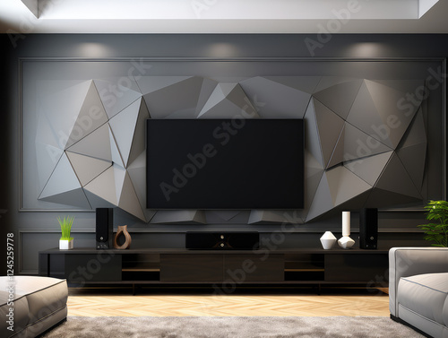 Modern Home Theater with Geometric 3D Wall Panel and Black Entertainment Center