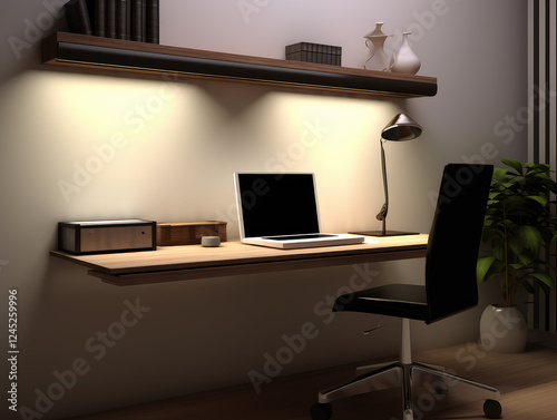 Modern Minimalist Home Office Workspace with Warm LED Lighting