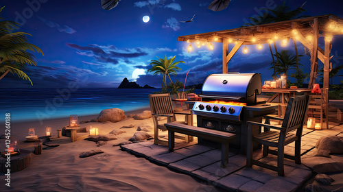 Tropical Beach BBQ at Night under the Stars