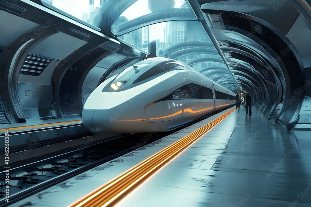 Witness the wonders of future technology! A modern bullet train with an aerodynamic design at a state-of-the-art futuristic station Witness the wonders of future technology! A modern bullet train with an aerodynamic design at a state-of-the-art futuristic station