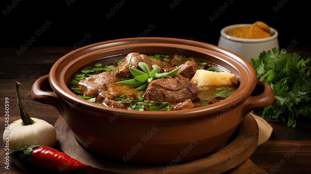Hearty and flavorful stew in rustic clay pot, served with fresh herbs and chili Hearty and flavorful stew in rustic clay pot, served with fresh herbs and chili