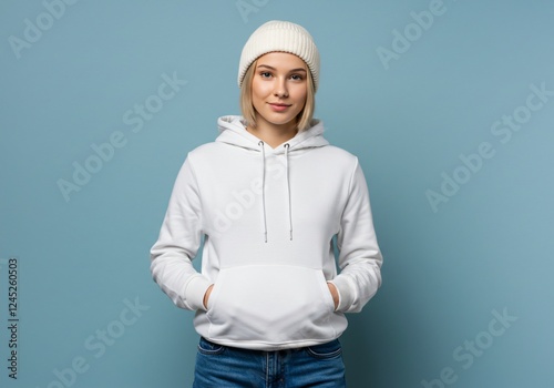A young woman in a white hoodie and beanie stands confidently against a pastel blue background, hands in pockets, with a relaxed and stylish expression.