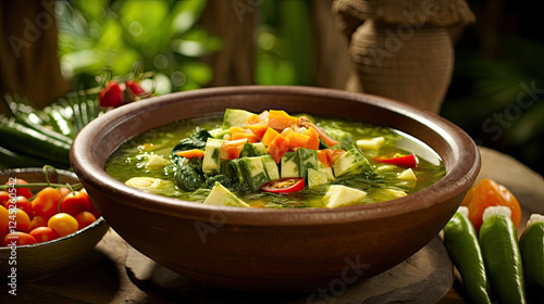 Vibrant Green Vegetable Soup in Rustic Bowl with Fresh Herbs and Spices
