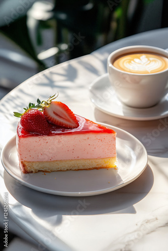Delicious strawberry mousse cake with coffee