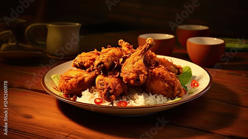 Crispy Fried Chicken with Rice on Rustic Wooden Table