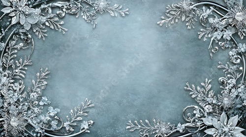 Silver Floral Frame on Dusty Blue Background