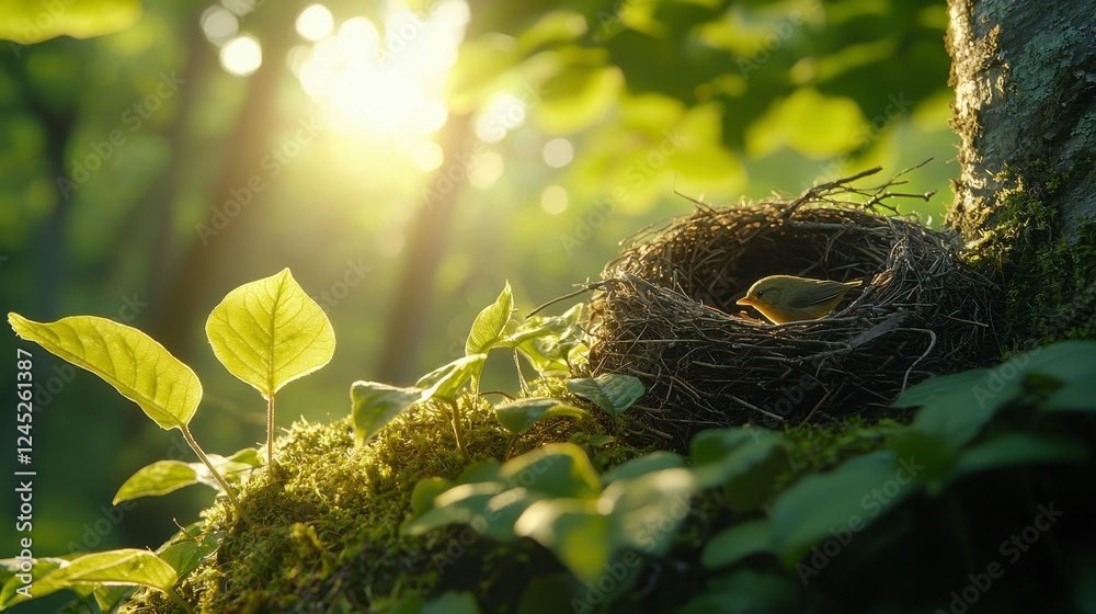 Bird in Nest at Sunrise, Forest Background, Nature Scene Bird in Nest at Sunrise, Forest Background, Nature Scene