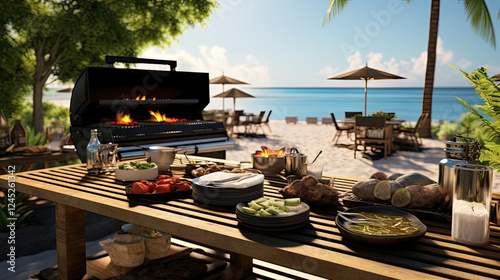 Summer Beach Barbecue with Grilled Food and Ocean View