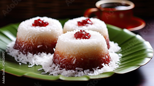 Three delectable coconut and red dessert cups on a green leaf plate