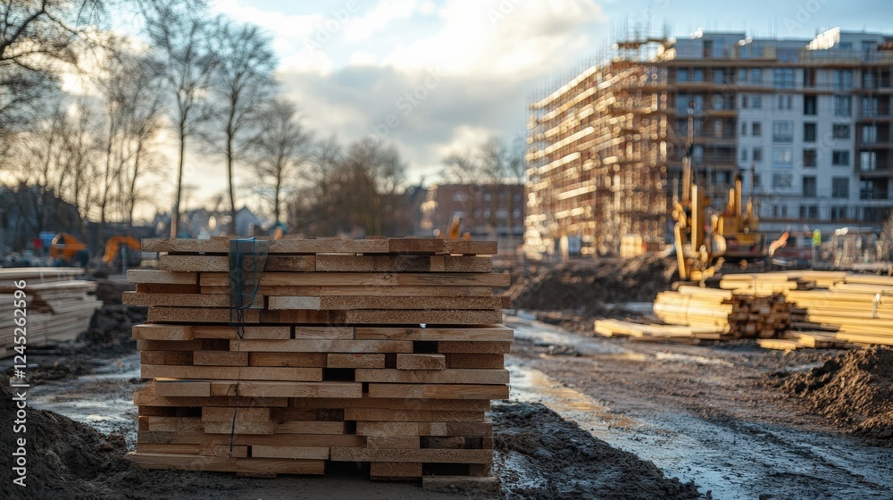 Planks of 2x2 rectangular wood stacked in a pile on a civil building construction site Planks of 2x2 rectangular wood stacked in a pile on a civil building construction site