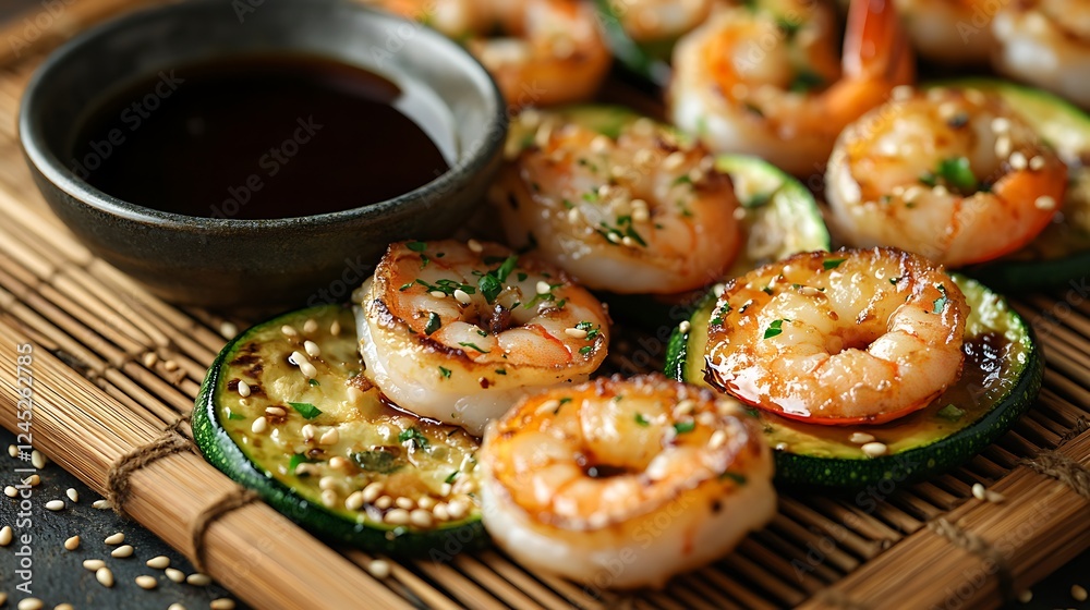 A close-up of tempura shrimp and zucchini slices, perfectly crispy and golden, arranged on a bamboo mat with a small bowl of soy sauce, sesame seeds scattered around, A close-up of tempura shrimp and zucchini slices, perfectly crispy and golden, arranged on a bamboo mat with a small bowl of soy sauce, sesame seeds scattered around,
