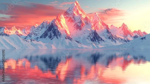 Snowy mountain peaks reflecting in a calm lake under a soft pink and orange sky during a vibrant sunrise. Tranquil and winter concept