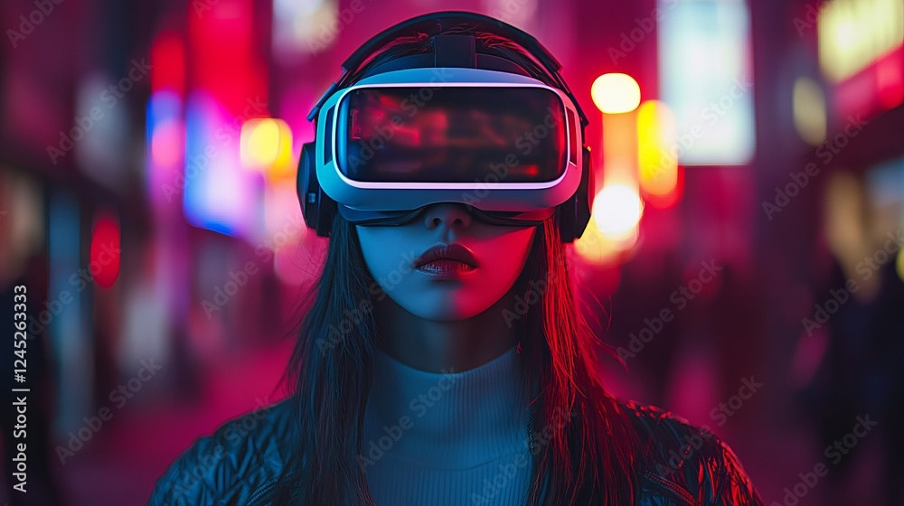 Immersive Experience of a Woman Engaging with Virtual Reality Technology in a Modern Setting Emphasizing Innovation and Future Possibilities with a Sense of Adventure and Excitement Immersive Experience of a Woman Engaging with Virtual Reality Technology in a Modern Setting Emphasizing Innovation and Future Possibilities with a Sense of Adventure and Excitement
