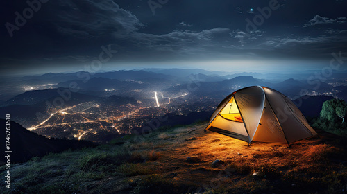 Illuminated Tent on Mountaintop Overlooking Night City