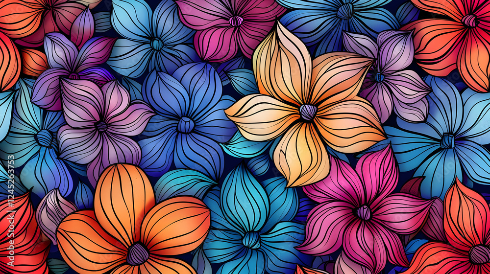 Naklejka premium Vibrant floral pattern featuring colorful blooms in various shades and intricate designs