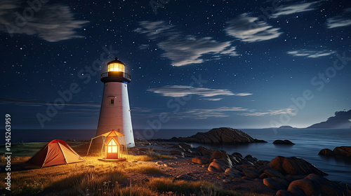 Lighthouse under a Starlit Night Sky near the Ocean Shore