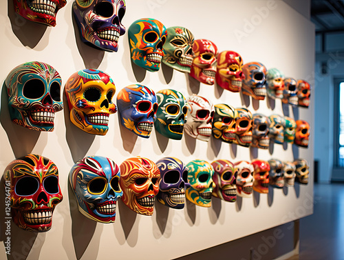 Vibrant Collection of Hand-Painted Skulls on White Wall