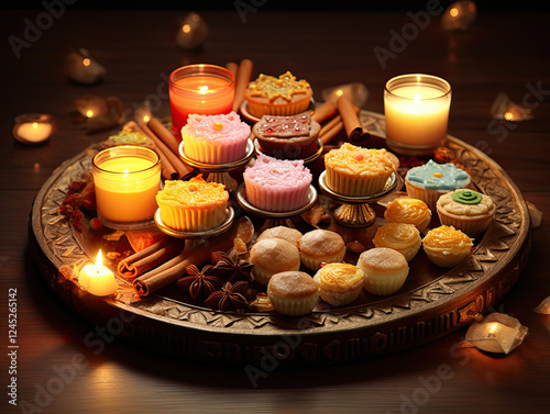 Aromatic Cupcakes and Pastries on a Decorative Tray with Candles and Spices