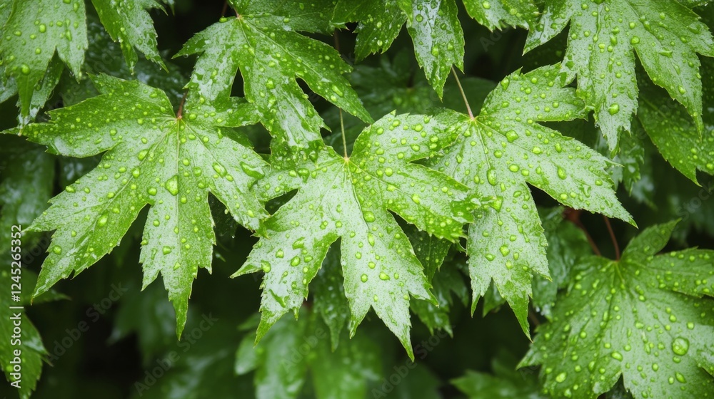 Closeup of vibrant green leaves with water drops Closeup of vibrant green leaves with water drops
