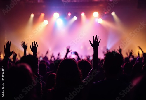 concert crowd in silhouettes of music fanclub with show hand