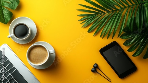 Coffee and Laptop on Yellow Table. Generative AI photo