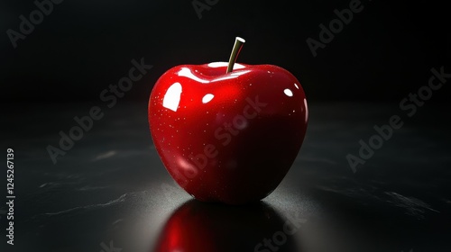 A glossy red apple with a sharp reflection of light, isolated on a black background, Generative AI