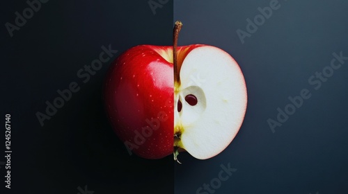 A bright red apple sliced in half, its juicy white flesh contrasted against the dark, Generative AI