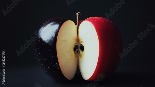 A bright red apple sliced in half, its juicy white flesh contrasted against the dark, Generative AI