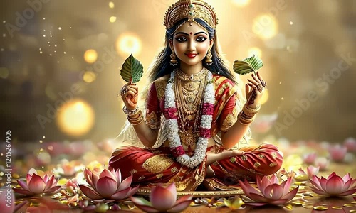 Goddess Lakshmi lotus flowers serene background spiritual art