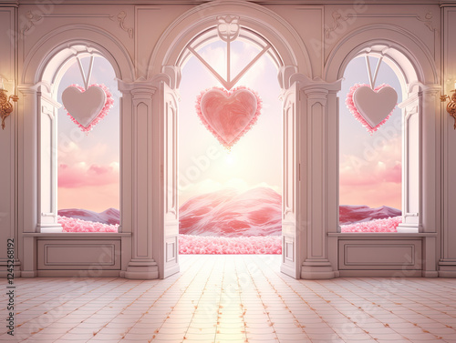 Romantic Palace Interior with Pink Hearts and Sunrise View