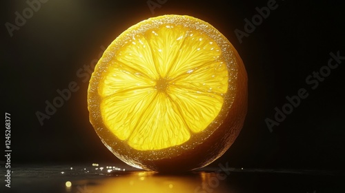 A vibrant yellow lemon sliced open, its juicy interior glowing against the dark, isolated on black, Generative AI