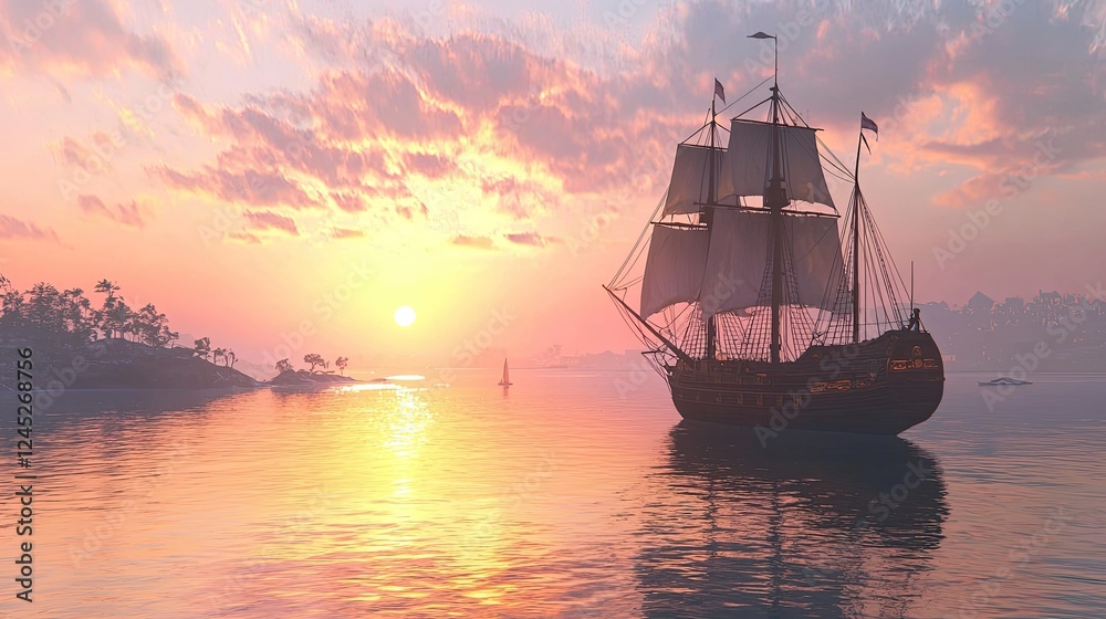 Obraz premium Sailing Ship at Sunset Over Calm Ocean Waters