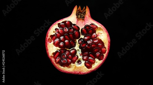 A halved pomegranate revealing its bright red seeds, isolated on a black background, Generative AI