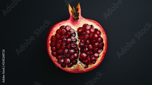 A halved pomegranate revealing its bright red seeds, isolated on a black background, Generative AI