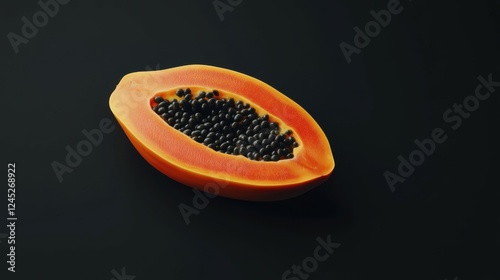 A sliced papaya with its orange flesh and black seeds, isolated on a black backdrop, Generative AI
