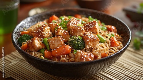 A rustic bowl of Asian noodles with teriyaki chicken, vibrant vegetables like carrots, zucchini, and broccoli, topped with sesame seeds and green onions,