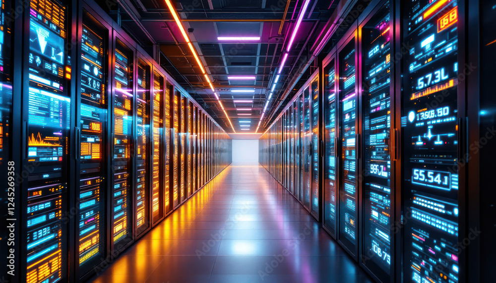 Futuristic Server Room: Neon Lights Illuminate Data Center Futuristic Server Room: Neon Lights Illuminate Data Center