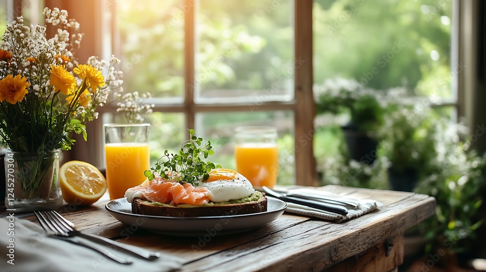 A rustic wooden table set with avocado toast layered with poached eggs and smoked salmon, garnished with microgreens and lemon slices, A rustic wooden table set with avocado toast layered with poached eggs and smoked salmon, garnished with microgreens and lemon slices,