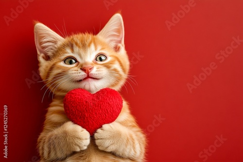 Cute singapura baby feline with fluffy red heart - symbol of love, funny greeting card. Marketing concept art visual design idea. Singapura - my preferred cat. Romantic cat art. Pet with love.