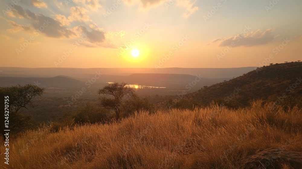 Obraz premium Majestic african sunset over serene savanna landscape with golden grasslands