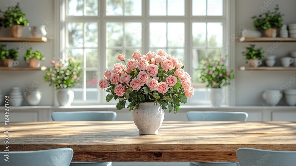 Roses in a Bright Kitchen. Generative AI Roses in a Bright Kitchen. Generative AI