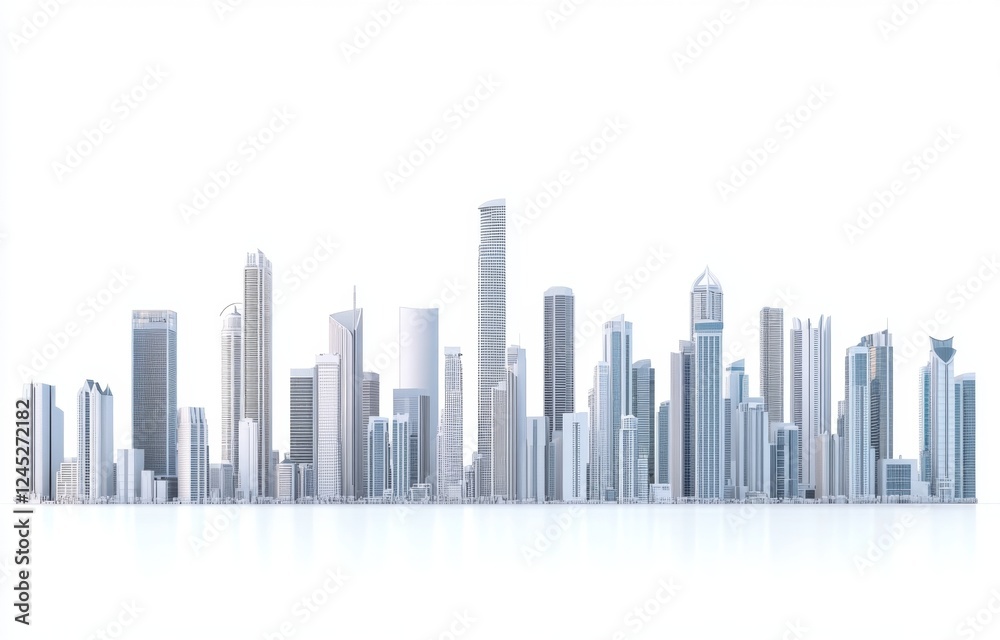 Modern city skyline model, white background, architectural design, real estate Modern city skyline model, white background, architectural design, real estate