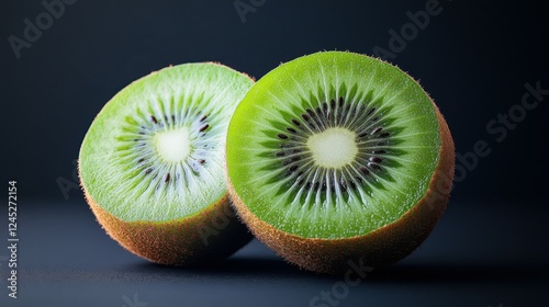A halved kiwi fruit with its seeds and bright green flesh, isolated against a black background, Generative AI