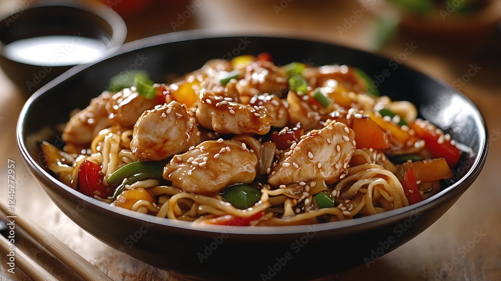 A warm bowl of stir-fried noodles with tender teriyaki chicken, mixed vegetables, and sesame seeds, served on a rustic wooden table with chopsticks and soy sauce, A warm bowl of stir-fried noodles with tender teriyaki chicken, mixed vegetables, and sesame seeds, served on a rustic wooden table with chopsticks and soy sauce,