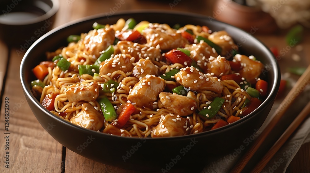 A warm bowl of stir-fried noodles with tender teriyaki chicken, mixed vegetables, and sesame seeds, served on a rustic wooden table with chopsticks and soy sauce, A warm bowl of stir-fried noodles with tender teriyaki chicken, mixed vegetables, and sesame seeds, served on a rustic wooden table with chopsticks and soy sauce,