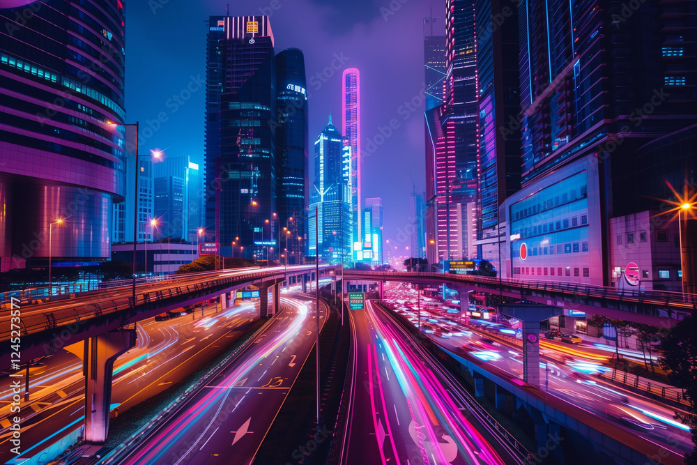 Vibrant futuristic cityscape with illuminated skyscrapers and light trails on highway. Urban night concept Vibrant futuristic cityscape with illuminated skyscrapers and light trails on highway. Urban night concept
