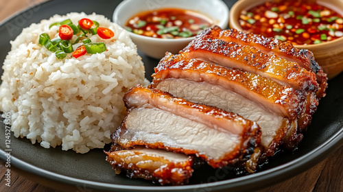 A plate of crispy pork belly (Moo Grob) with steamed rice photo