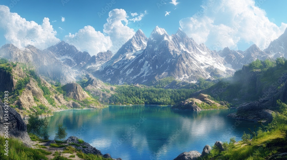 Fototapeta premium Serene Mountain Lake Landscape: A Breathtaking View of Pristine Nature