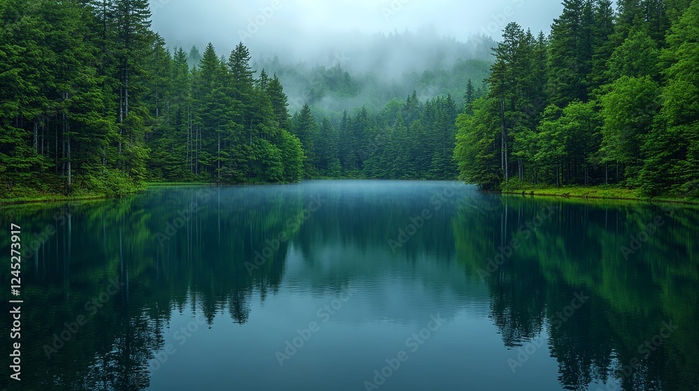 Obraz premium Serene misty lake surrounded by lush pine forest on a foggy day